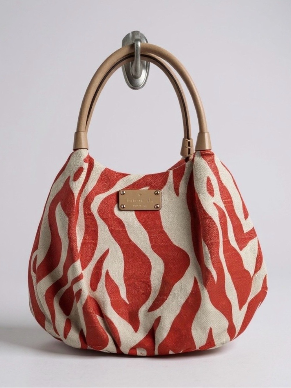 Kate Spade Orange and Cream Zebra-Print Hobo Bag with Beige Handles